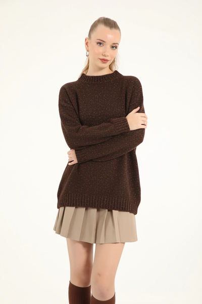 Suede Style 51114 - Şık Rahat Simli Kadın Triko Uzun Kazak