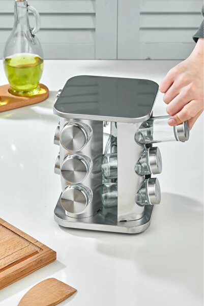 MAKRİ HOME 360 Rotatable Glass Spice Set with Stainless Steel Stand - 12-Piece Chrome Square