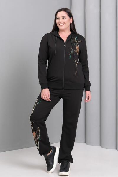 Ebsumu Women's Plus Size Zippered Black Tracksuit Set
