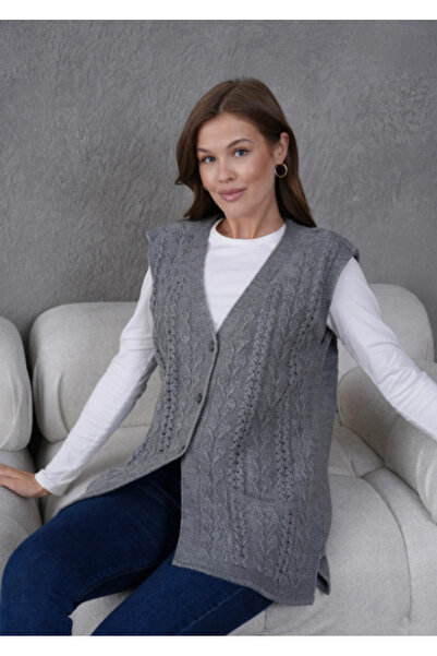 Elçelya Moda Women's Knitwear Lace-Like Knit Pocket Detailed Button Closure Wool Vest
