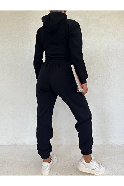 MY DEPO Women's Waist Corset Detail Crop Hooded Cotton Inside Tracksuit Set