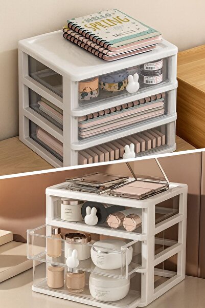 Lilya Home Bunny 3 Çekmeceli Makyaj Organizeri - Bölmeli Fırça Kozmetik Makyaj Düzenleyici Organizer