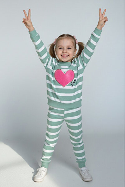 TOFİSA Girl's Mint Striped Embroidered Two-Thread Two-Piece Set - 28010-Mint