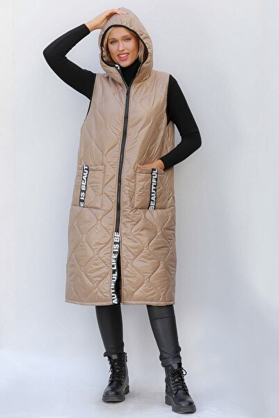 della moor Women's Beige Italian Quilted Hooded Oversize Puffer Long Vest