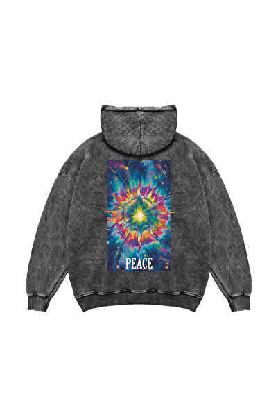 Bak Moda Peace με τύπωμα oversized Unisex Πλενόμενο μαύρο φούτερ με κουκούλα