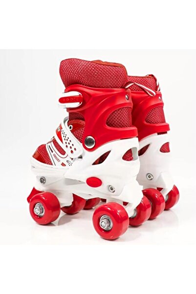 My modern game Power Superb medium-sized adjustable skate shoes (sizes 35-38) with 4 wheels and brakes, red, blue, and pink.