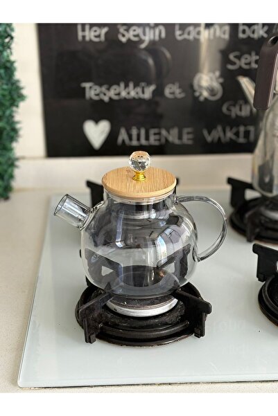 morponi Borosilicate Glass Bamboo Lid Crystal Detailed Herbal Tea Infuser 1000 ml Smoked (Alg)