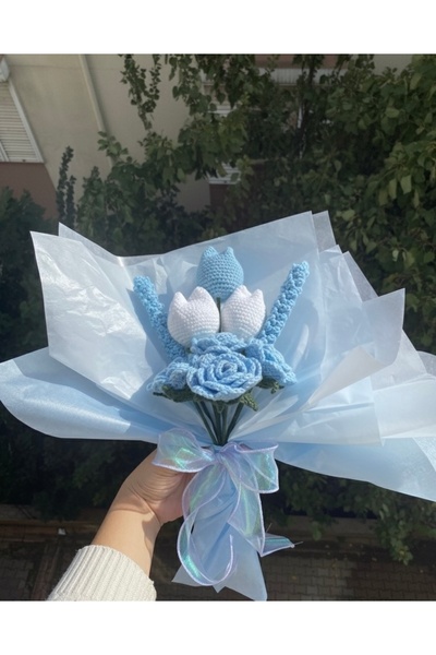candleandgiftland Mavi Handmade Örgü Çiçek Buketi, Lale Lavanta ve Gülün Uyum...