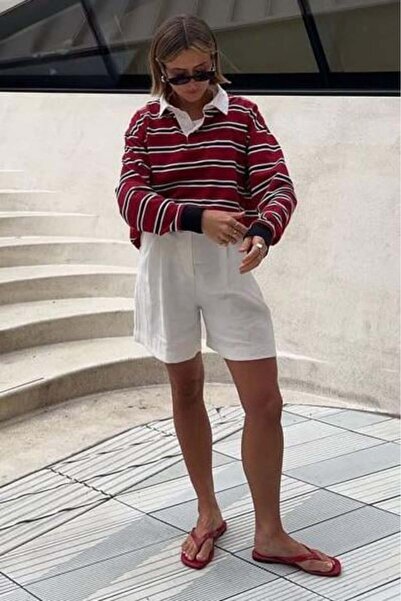 Madmext Burgundy Striped Polo Neck Women's Long Sleeve T-Shirt Mg2575