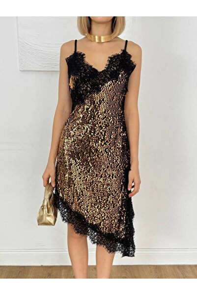 Lady Pixie Λαμπερό μίνι φόρεμα με δαντέλα και λεπτομέρεια σχισμής
