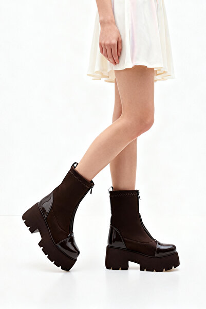 Solo Bag Women's New Season Thick Sole Elastic Front Zipper Detailed Bitter Brown Daily Comfortable Fit Stretch Boots