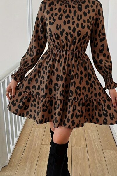 Mossta Turtleneck Leopard Print Modal Dress - Brown