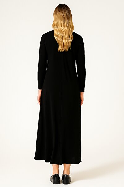 Şans Women's Plus Size Black, A-Line, Jersey Fabric, Front Pleated Long Dress 65N39249