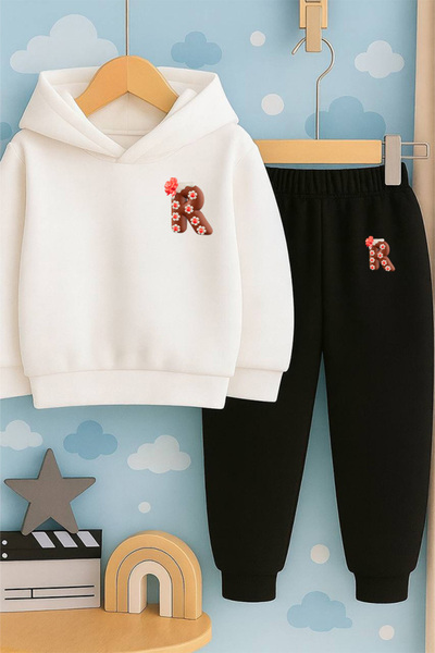 SVART WEAR Children Printed with Print Hoodie Hooded Sweatshirt and Sweatpants Set 3 Thread Ş Fleece-Lined Autumn/Winter