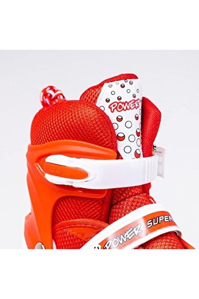 My modern game Power Superb medium-sized adjustable skate shoes (sizes 35-38) with 4 wheels and brakes, red, blue, and pink.