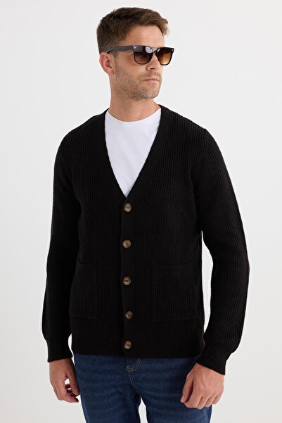 Tudors Men's standard fit regular cut v-neck buttoned black cardigan