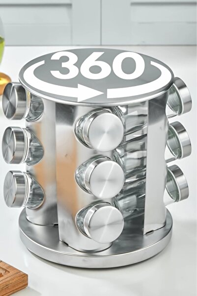 MAKRİ HOME 360 Rotatable Glass Spice Set with Stainless Steel Stand - 12-Piece Chrome Round