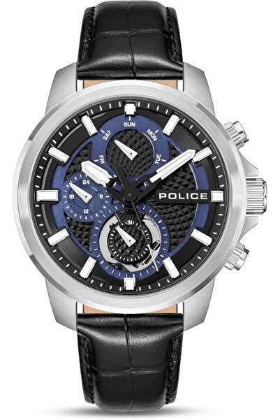 Police ساعة نيوبورت متعددة الوظائف للرجال مقاس 43 مم بمينا أسود وحزام جلدي