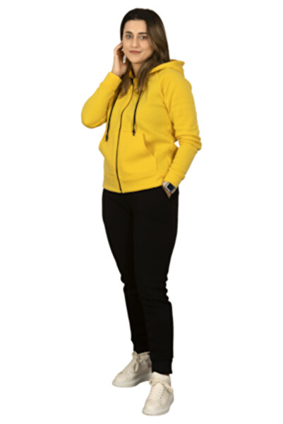 cosma - Women's tracksuit, zipper, hood, black/yellow,