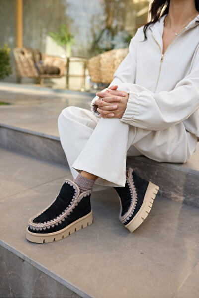 ANGELİNA JONES Munny Women's Black Genuine Leather Suet Ultramini Kurklu Boots