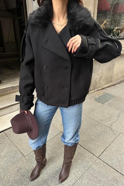 My Loore Women's black faux fur collar jacket mlb103