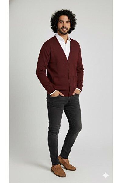 BAGİSTA BUTİK Men's Casual V-Neck Buttoned Pocket Detail Knitwear Cardigan