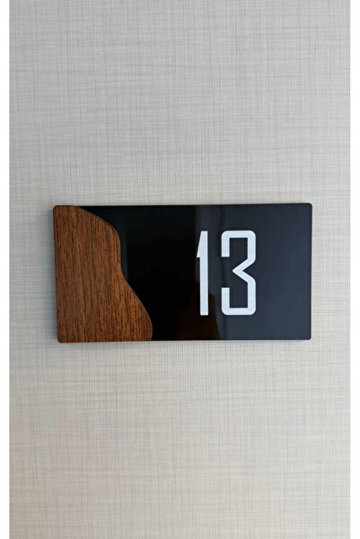 Yönline 2 Pieces Black Glossy Plexiglass with Walnut Pattern 13X7 cm Door Number Self-Adhesive