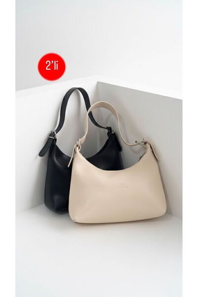 FREE MARKA حقيبة كتف وحقيبة يد نسائية - طقم من قطعتين أسود-بيج