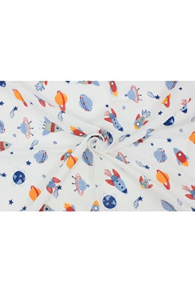PRICHINDEL Muslin Fitted Sheet - Planets & Rockets, White, 120x60 cm