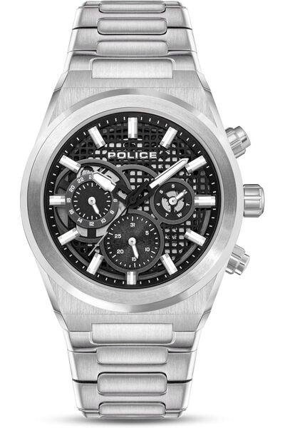 Police ساعة إكليبس متعددة الوظائف للرجال مقاس 45 مم - مينا أسود، سوار من الفو...