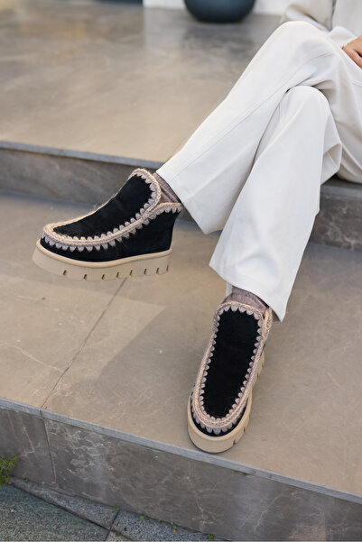 ANGELİNA JONES Munny Women's Black Genuine Leather Suet Ultramini Kurklu Boots