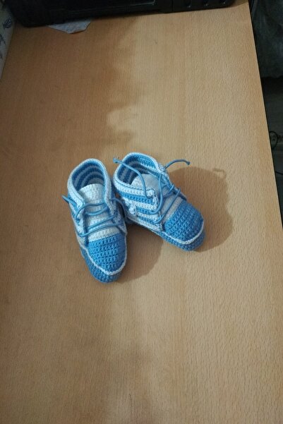 GÜZEL KAMAN Hand-Knitted Baby Booties 1 Piece White with Blue (for 6 Months and 2 Years Old) High Quality Stylish Beautiful