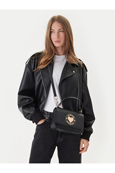 Love Moschino Women's Metallic Logo Patterned Black Shoulder Bag with Removab...