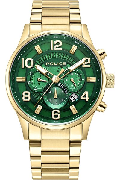 Police ساعة رجالية - مينا خضراء، سوار من الفولاذ المقاوم للصدأ مطلي بالذهب ال...