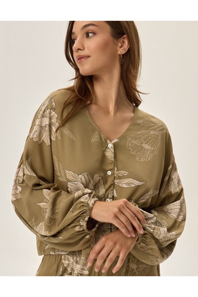 Henderson Women's Pajama Set Button Down Blouse & Wide Long Pants Floral Pattern Elegant | Fleur