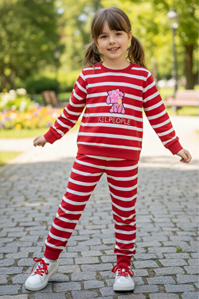 TOFİSA Girl's Red Striped Embroidered Two-Thread Two-Piece Set - 28011-Red