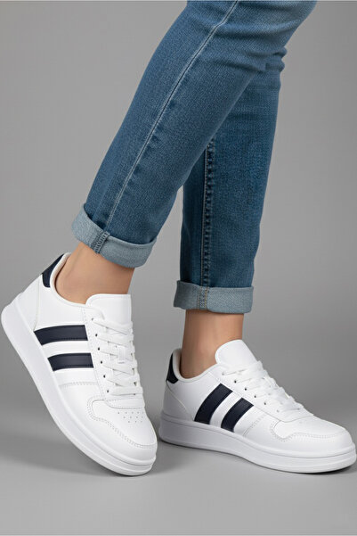 TOFİSA Women's White Navy Blue Striped Faux Leather Sports Shoes - 27888-White-Dark Blue