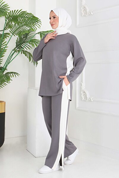 TOFİSA Garnili Yırtmaçlı Modal İkili Takım Füme - 28012-FUME