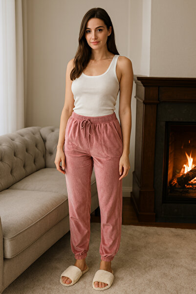 REMSA Women's Elastic Cuffed Pocket Detailed Velvet Fabric Single Bottom 503 Pink