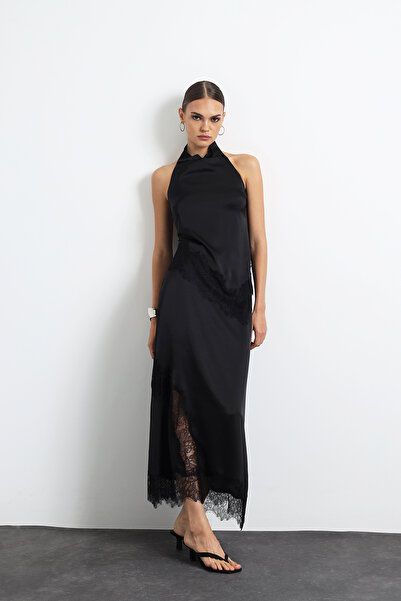 Mozto Celinor Lace Black Maxi Satin Skirt