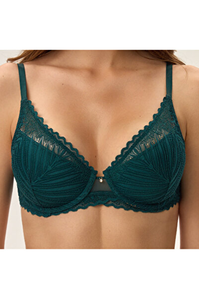 ESOTIQ Push-Up Bra Underwired with Embroidered Mesh Leaf Lace Golden Pendant Elegant | Flore