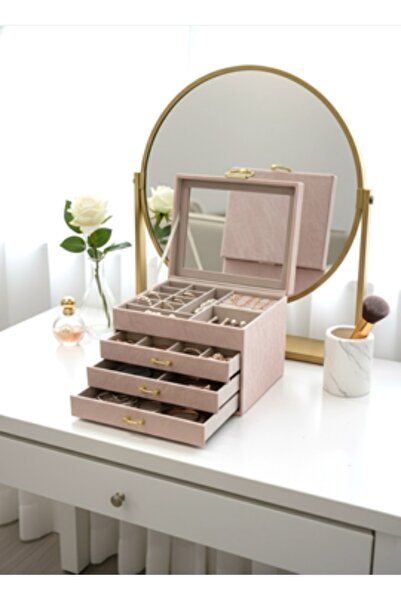bity thok A soft pink jewelry box with a glass design and 3 elegant drawers