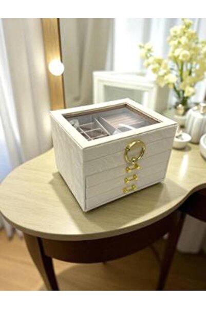 bity thok Ivory-colored jewelry box with a glass design and 3 elegant drawers