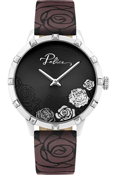 Police ساعة ماريتاس النسائية التناظرية، 36 × 42 مم، مينا أسود، حزام بني