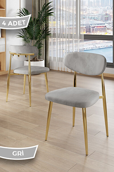 Canisa Laos Serisi 4 Adet Gri Mutfak Sandalyesi Gold Kaplama Metal Ayak 1.Sın...