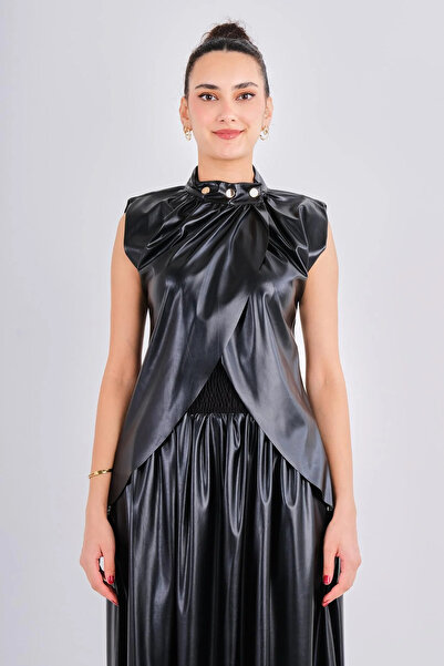 Lila Rose Yakası Çıtçıtlı Deri Bluz