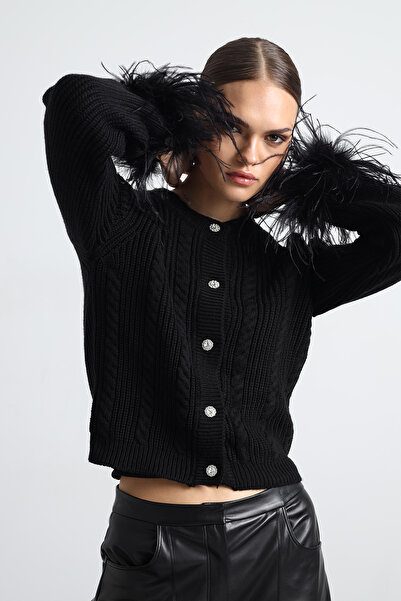 Mozto Nuve Feathered Black Cardigan