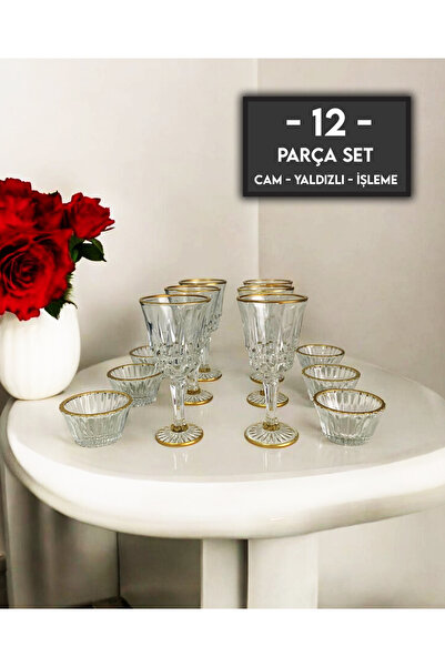 gkzglass home dekor New Year Orkide Luciana Cam Yaldızlı Kahve Yanı Su Bardağı Sunum Seti 12 Parça Set