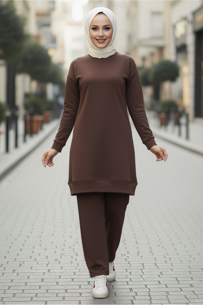 TOFİSA طقم بنطلون وتونيك من المودال قطعتين بني - 28004-BROWN