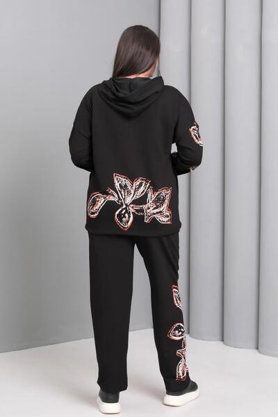 Ebsumu Women's Plus Size Printed Zippered Black Tracksuit Set